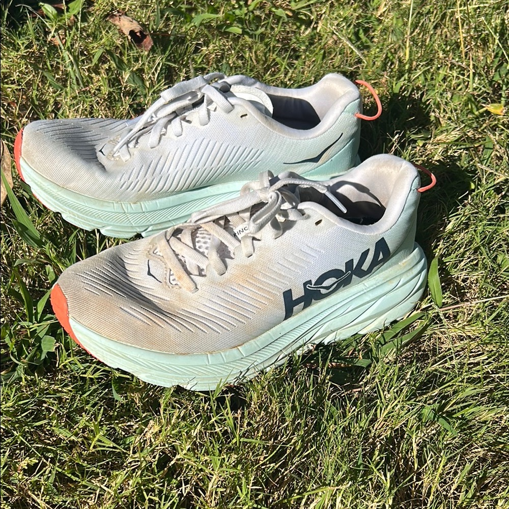Hoka Sneakers in Gray and Mint with Orange Accents